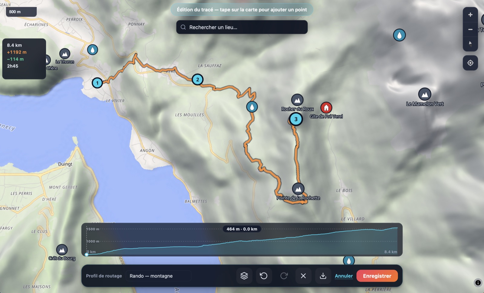 GPX Map 3D — o planeador com waypoints e a rota gerada pelo BRouter sobre mapa topográfico 3D.