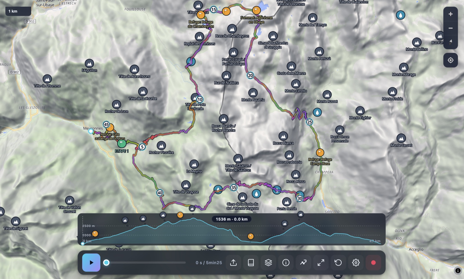 GPX Map 3D — camada POI a mostrar refúgios, fontes de água e picos ao longo da rota.