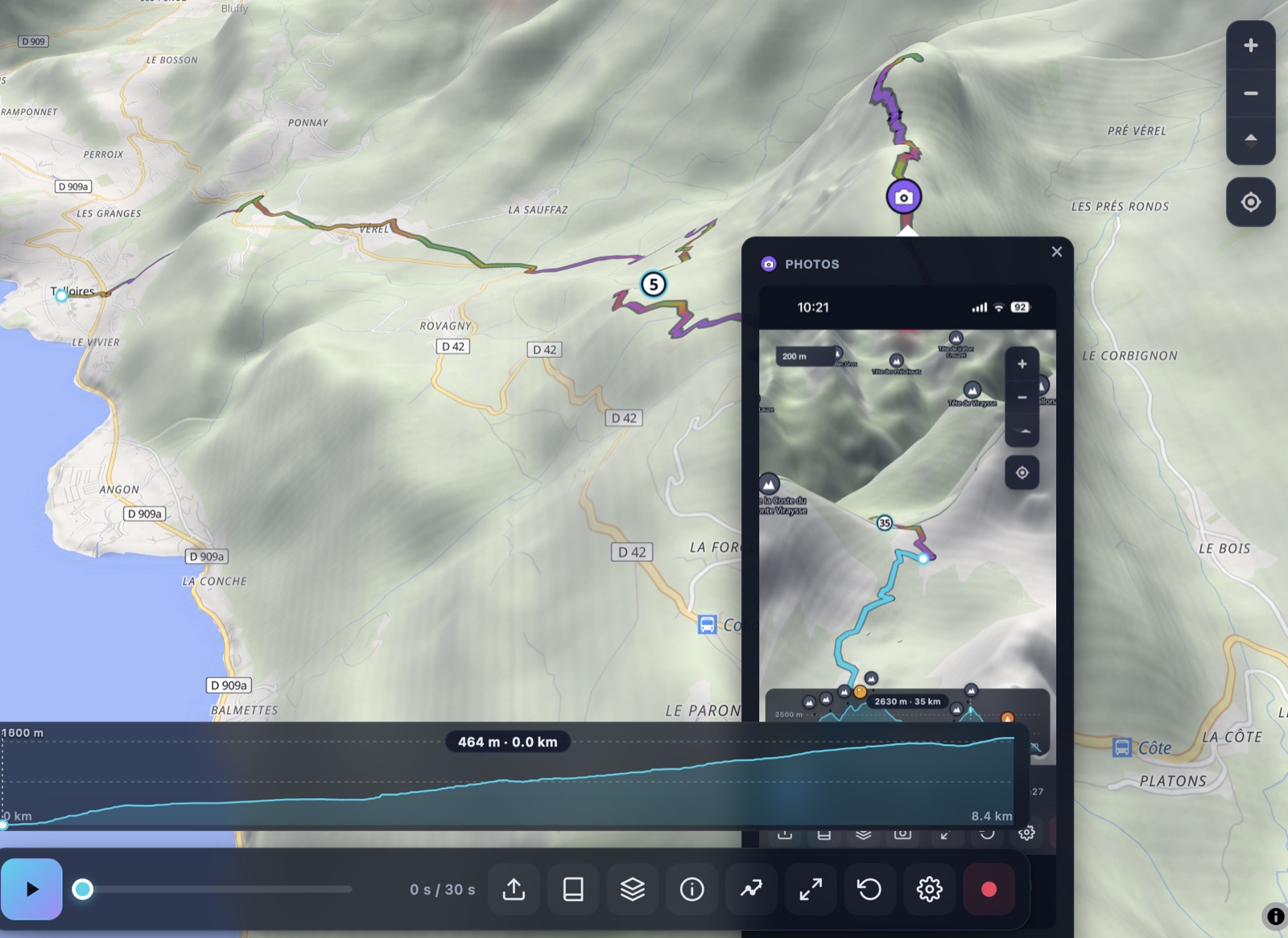 GPX Map 3D — foto fixada à coordenada GPS via EXIF, apresentada no mapa 3D.