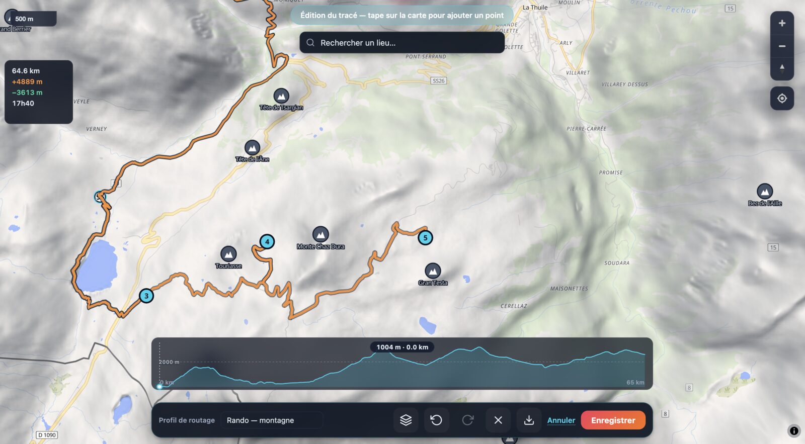 GPX Map 3D editor — numbered waypoints connected by an auto-routed orange trail across a 3D terrain map, with live elevation profile and routing profile selector at the bottom.